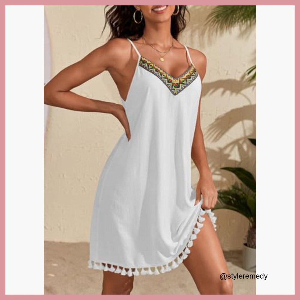 Polyester V-Neck Spaghetti Strap Embroidered Sund… - image 3
